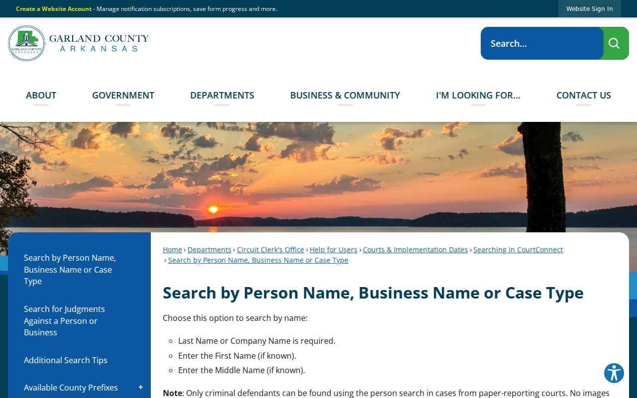 Garland County case lookup participant search fields