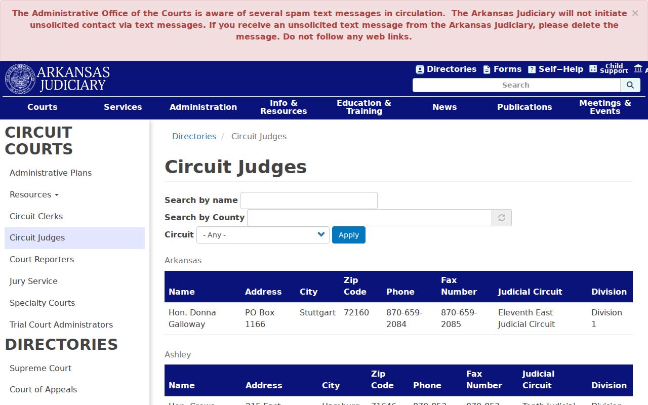 Garland County court calendar Circuit judge directory