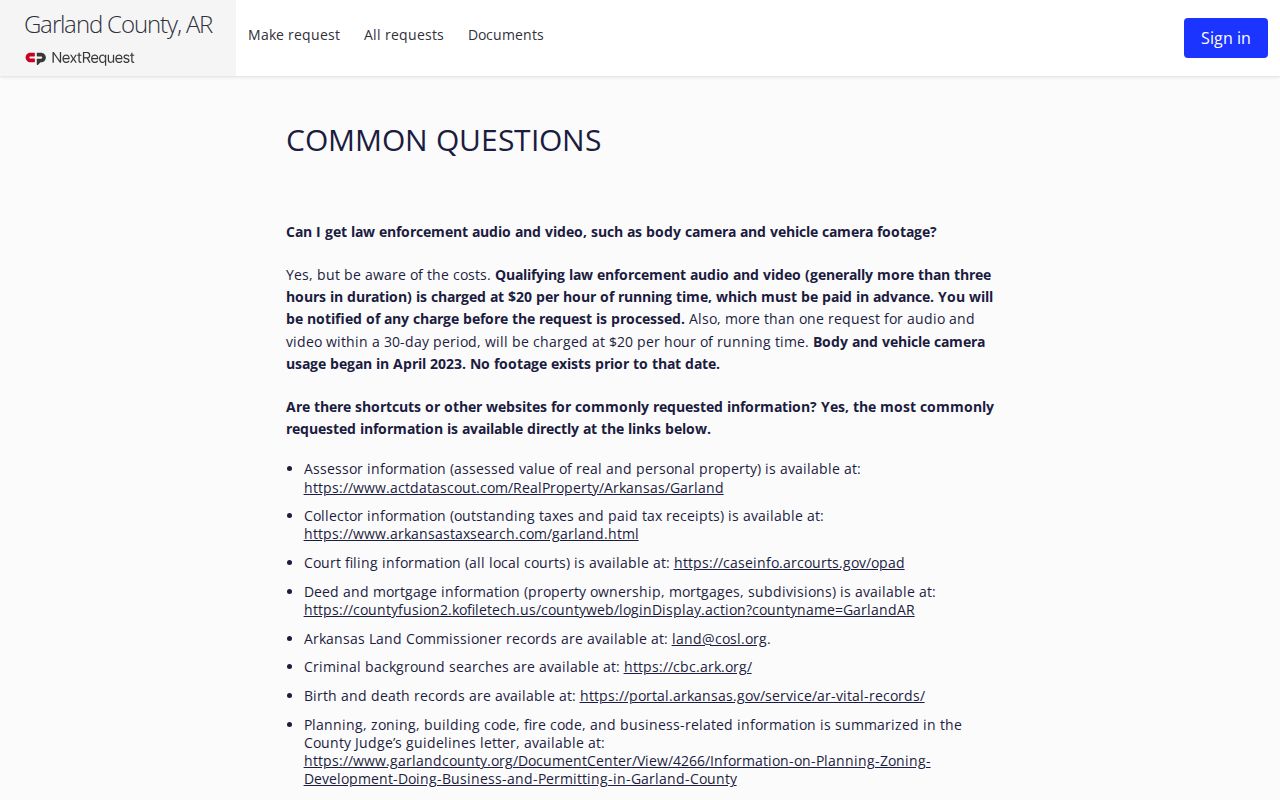 Garland County court record guidance on the NextRequest FAQ