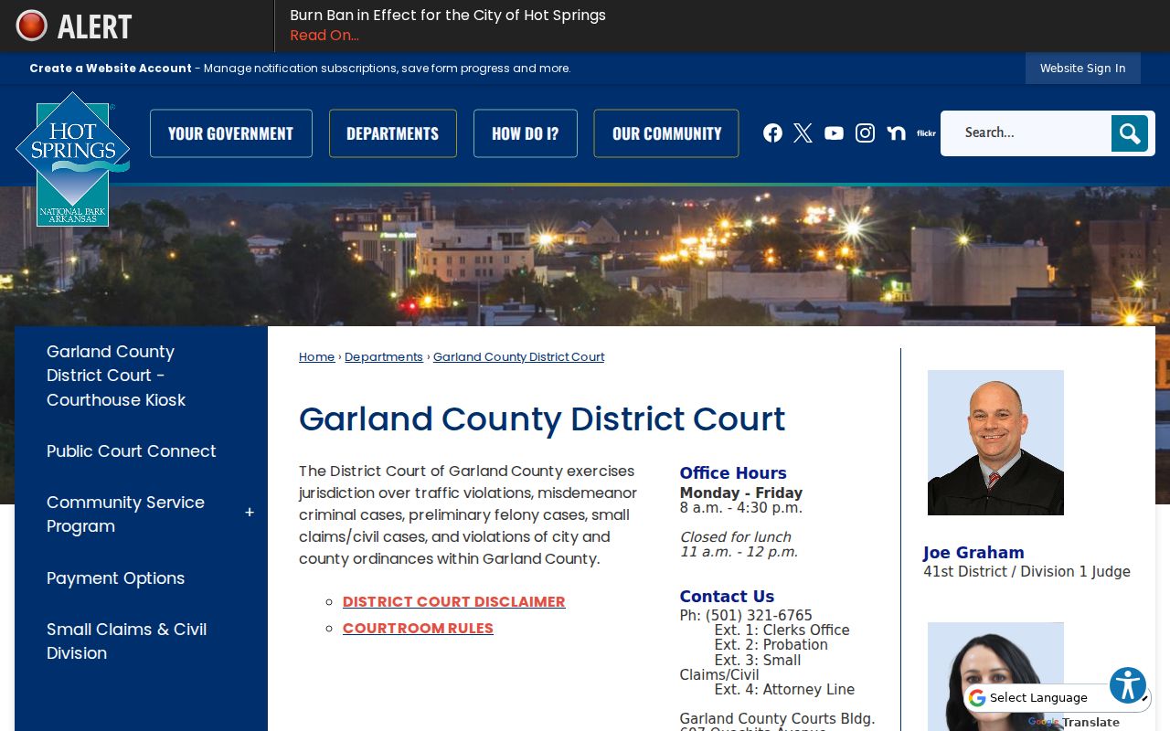 Garland County traffic ticket information on the District Court page